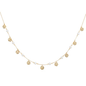 Orchid Jewelry 18k yellow gold choker featuring station pearl beads and dangling hammered gold disc charms