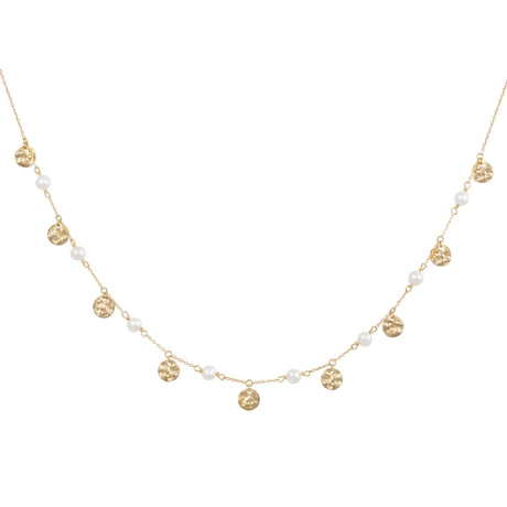 Orchid Jewelry 18k yellow gold choker featuring station pearl beads and dangling hammered gold disc charms