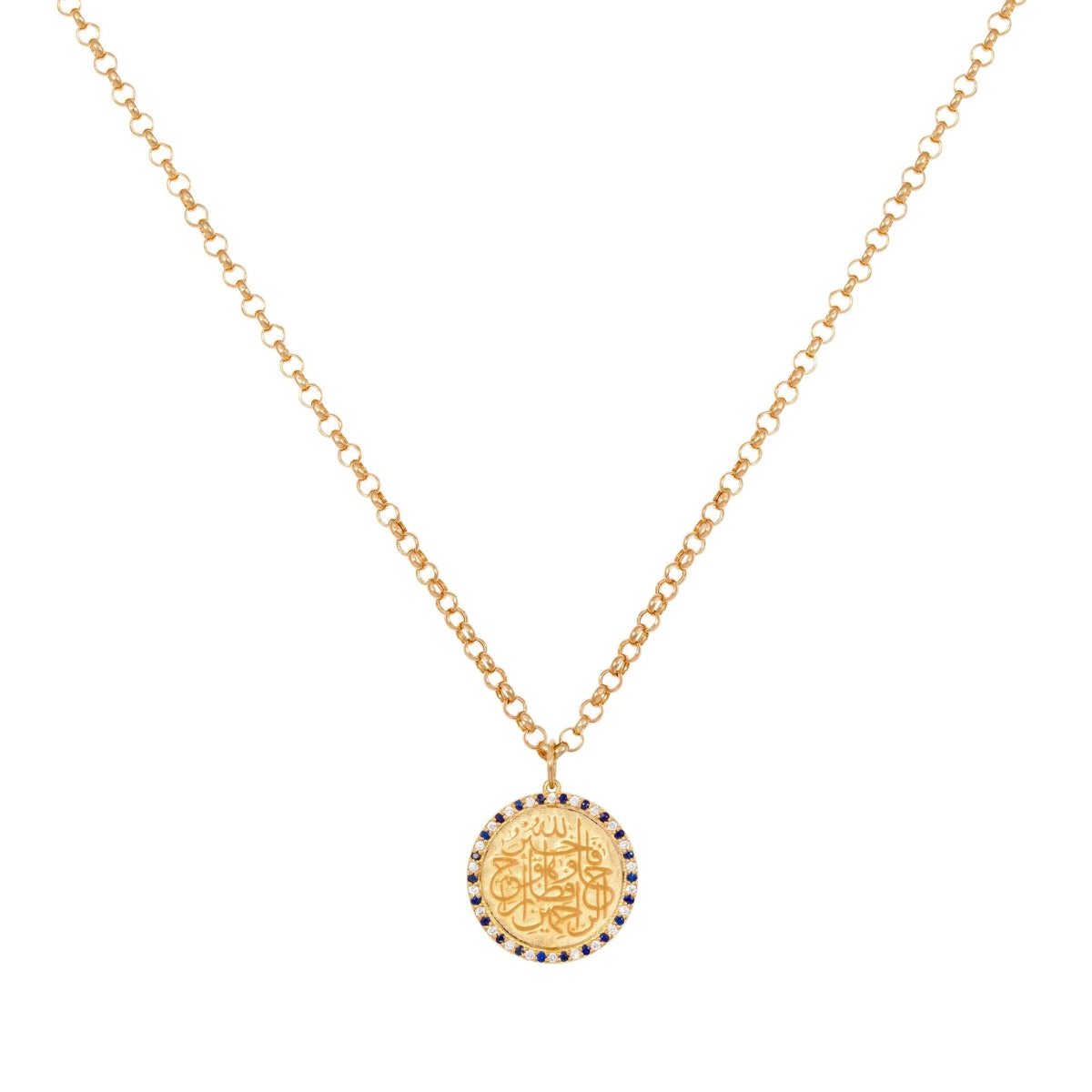 Orchid Jewelry 18k yellow gold round protective calligraphy pendant necklace haloed with natural diamonds and blue sapphires