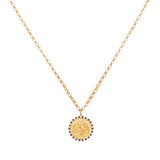 Orchid Jewelry 18k yellow gold round protective calligraphy pendant necklace haloed with natural diamonds and blue sapphires