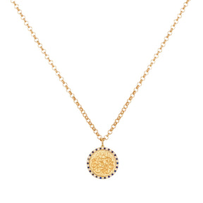 Orchid Jewelry 18k yellow gold round protective calligraphy pendant necklace haloed with natural diamonds and blue sapphires
