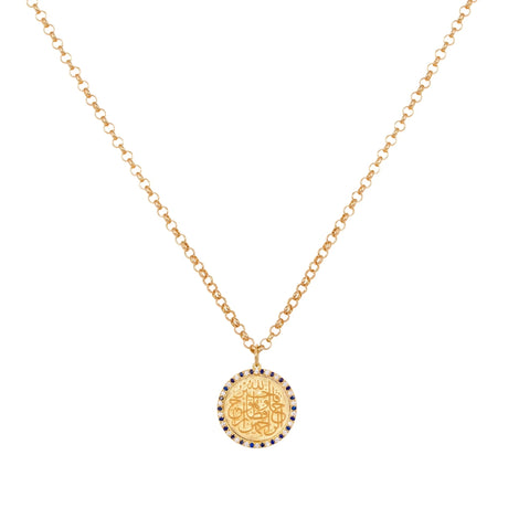 Orchid Jewelry 18k yellow gold round protective calligraphy pendant necklace haloed with natural diamonds and blue sapphires