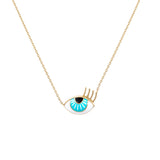 Orchid Jewelry 18k yellow gold necklace featuring a small flirty eye pendant with turquoise and white enamel and sculpted gold eyelashes