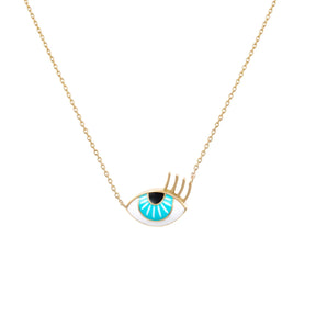 Orchid Jewelry 18k yellow gold necklace featuring a small flirty eye pendant with turquoise and white enamel and sculpted gold eyelashes
