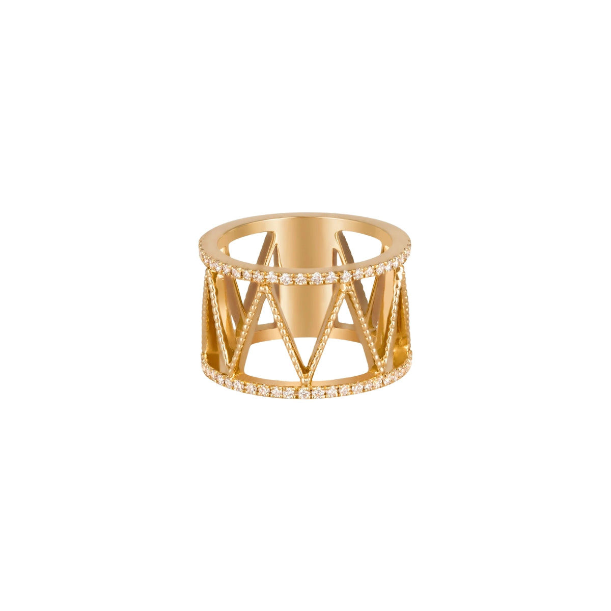 Orchid Jewelry 18k yellow gold Soho Buz wide band ring featuring openwork geometric zig-zag pattern and pave diamond edges