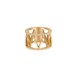 Orchid Jewelry 18k yellow gold Soho Buz wide band ring featuring openwork geometric zig-zag pattern and pave diamond edges
