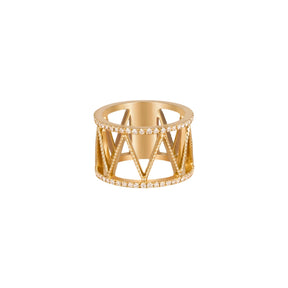 Orchid Jewelry 18k yellow gold Soho Buz wide band ring featuring openwork geometric zig-zag pattern and pave diamond edges