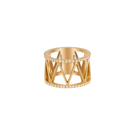 Orchid Jewelry 18k yellow gold Soho Buz wide band ring featuring openwork geometric zig-zag pattern and pave diamond edges