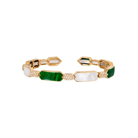 Orchid Jewelry 18k yellow gold open cuff bangle featuring alternating malachite, mother of pearl, and pave diamond links