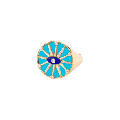 Orchid Jewelry 18k yellow gold O'Hara Eye signet ring inlaid with turquoise, lapis lazuli, and pave diamonds