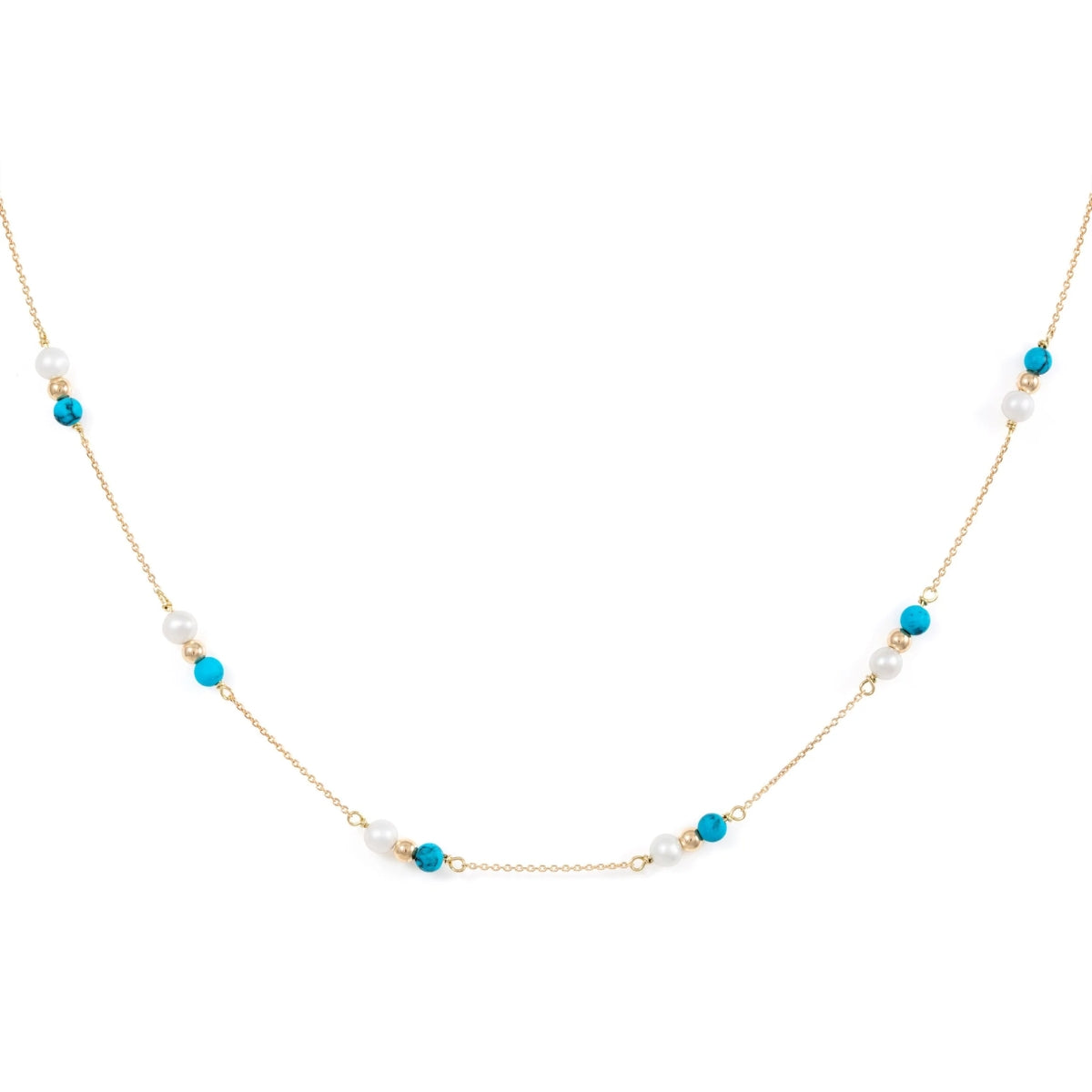 Orchid Jewelry 18k yellow gold choker featuring station clusters of blue turquoise beads, white pearls, and gold accent spheres