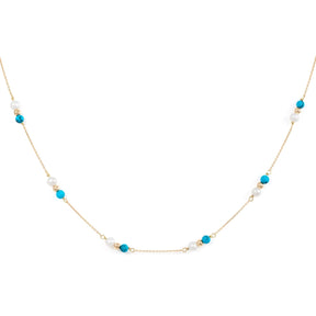 Orchid Jewelry 18k yellow gold choker featuring station clusters of blue turquoise beads, white pearls, and gold accent spheres