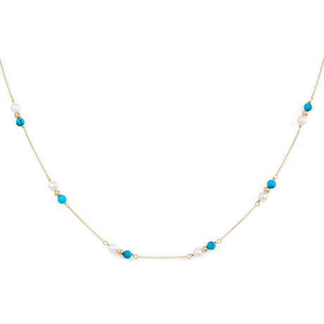 Orchid Jewelry 18k yellow gold choker featuring station clusters of blue turquoise beads, white pearls, and gold accent spheres