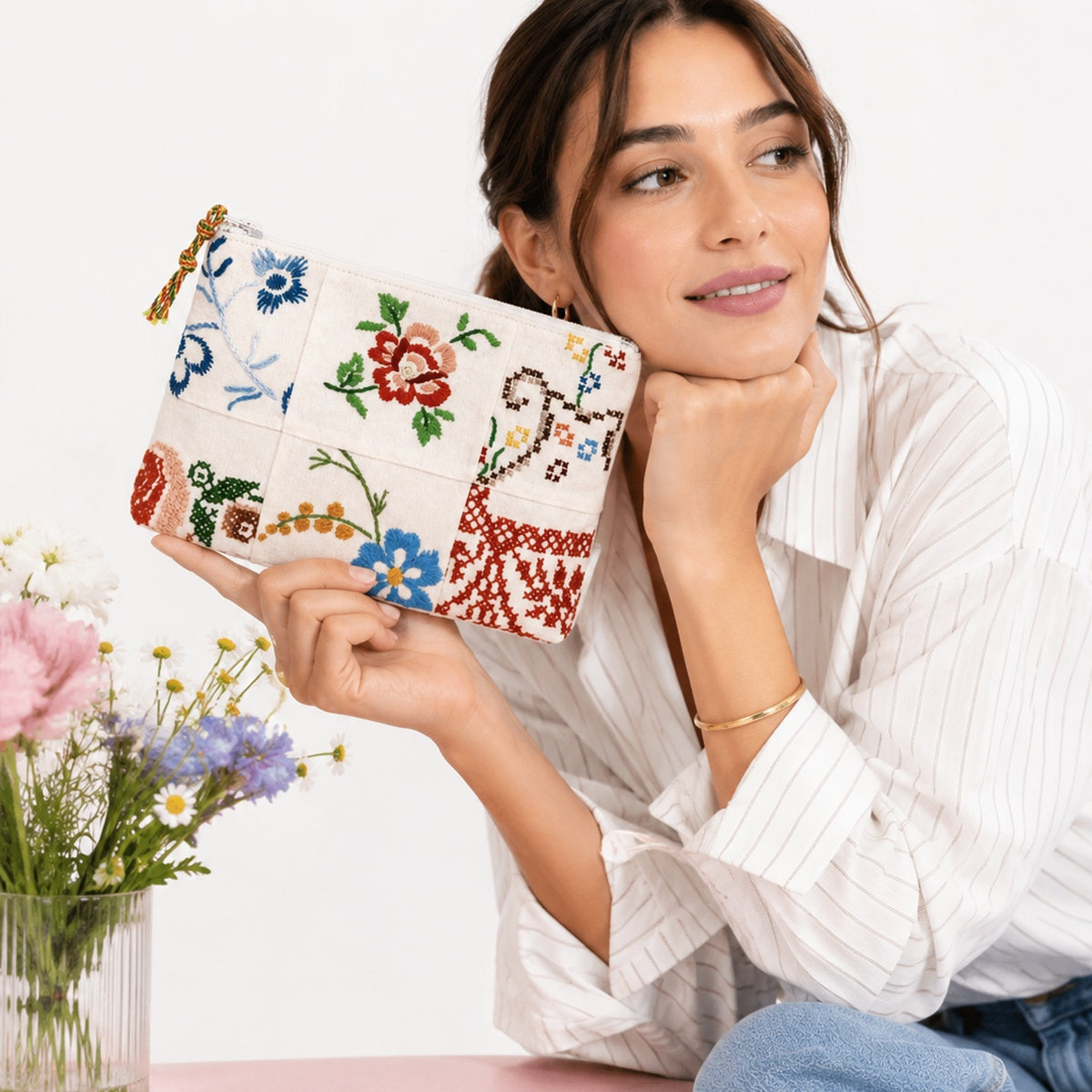 Soft Blossom Patch Embroidery Pouch