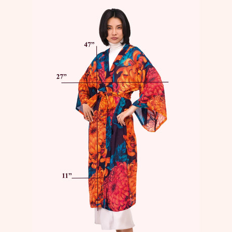 Front view of the chrysanthemum print kimono gown with measurement lines showing length, width, and sleeve dimensions