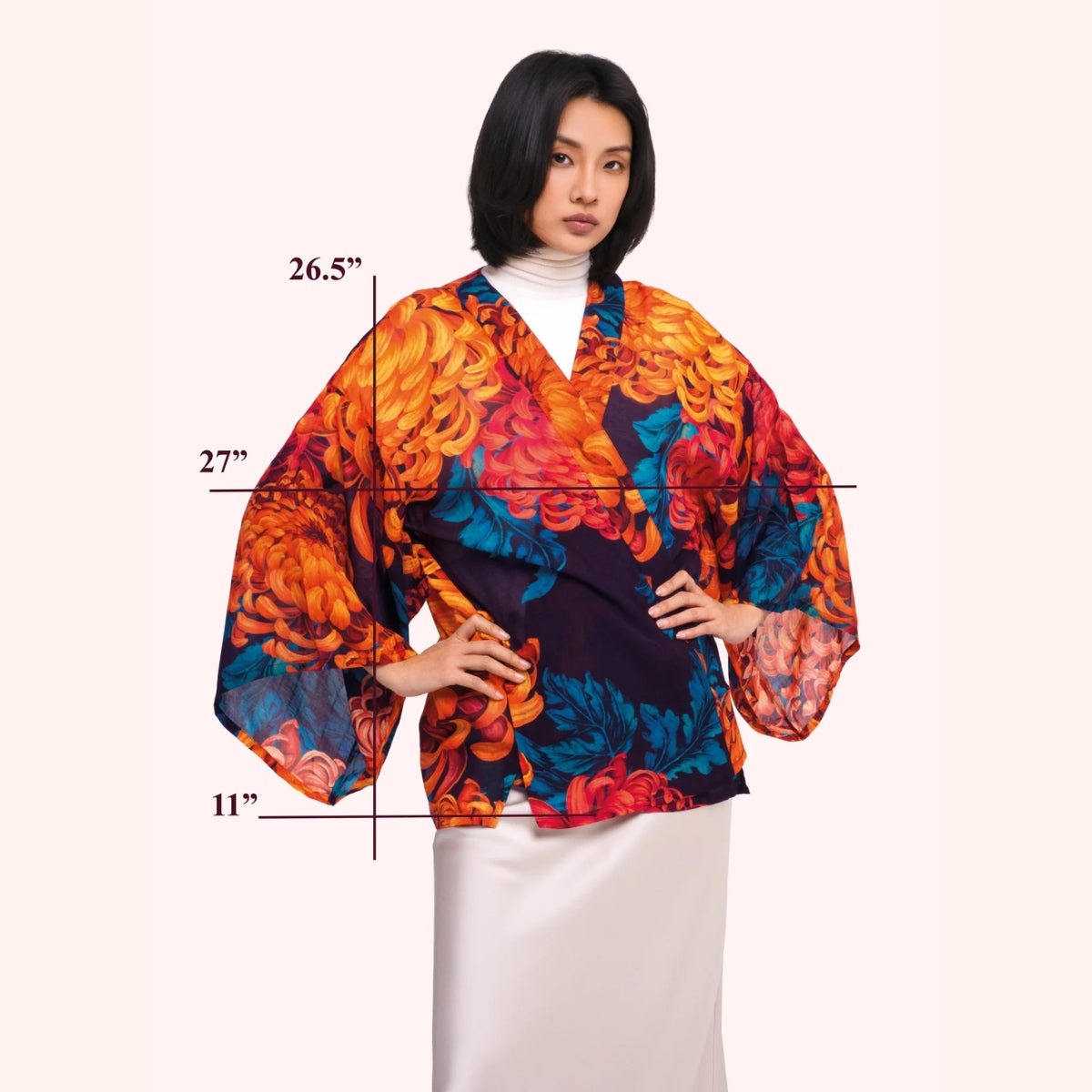Front view of the chrysanthemum print kimono jacket with measurement lines showing length, width, and sleeve dimensions