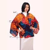 Front view of the chrysanthemum print kimono jacket with measurement lines showing length, width, and sleeve dimensions