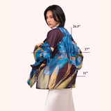 Back view of the plum iris print kimono jacket with measurement lines showing length, width, and sleeve dimensions