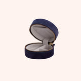 Interior view of the navy floral hedgerow jewelry box, showing the grey lining, ring slot, and compartments