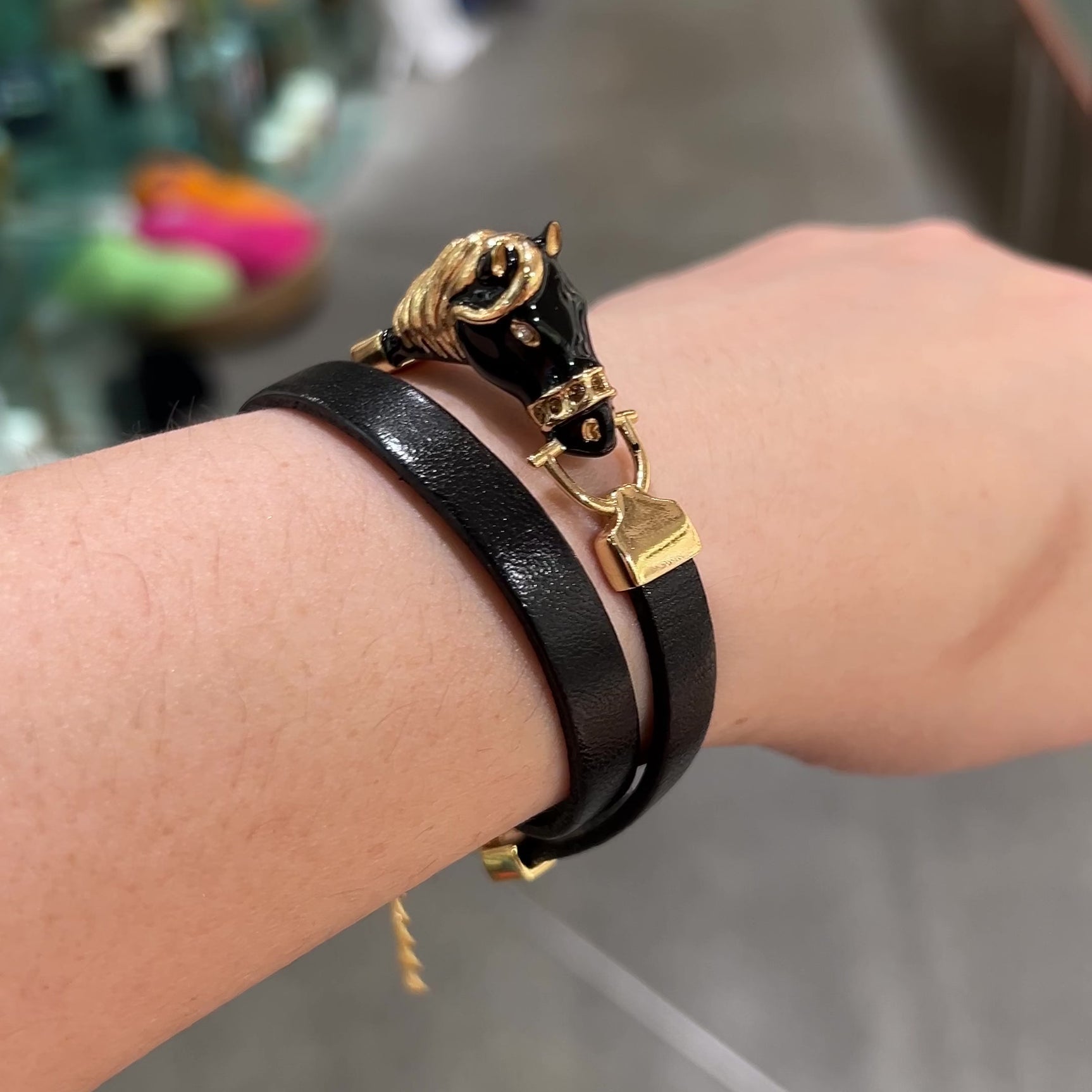 Polina Horse Charm Wrap-Around Black Leather Bracelet