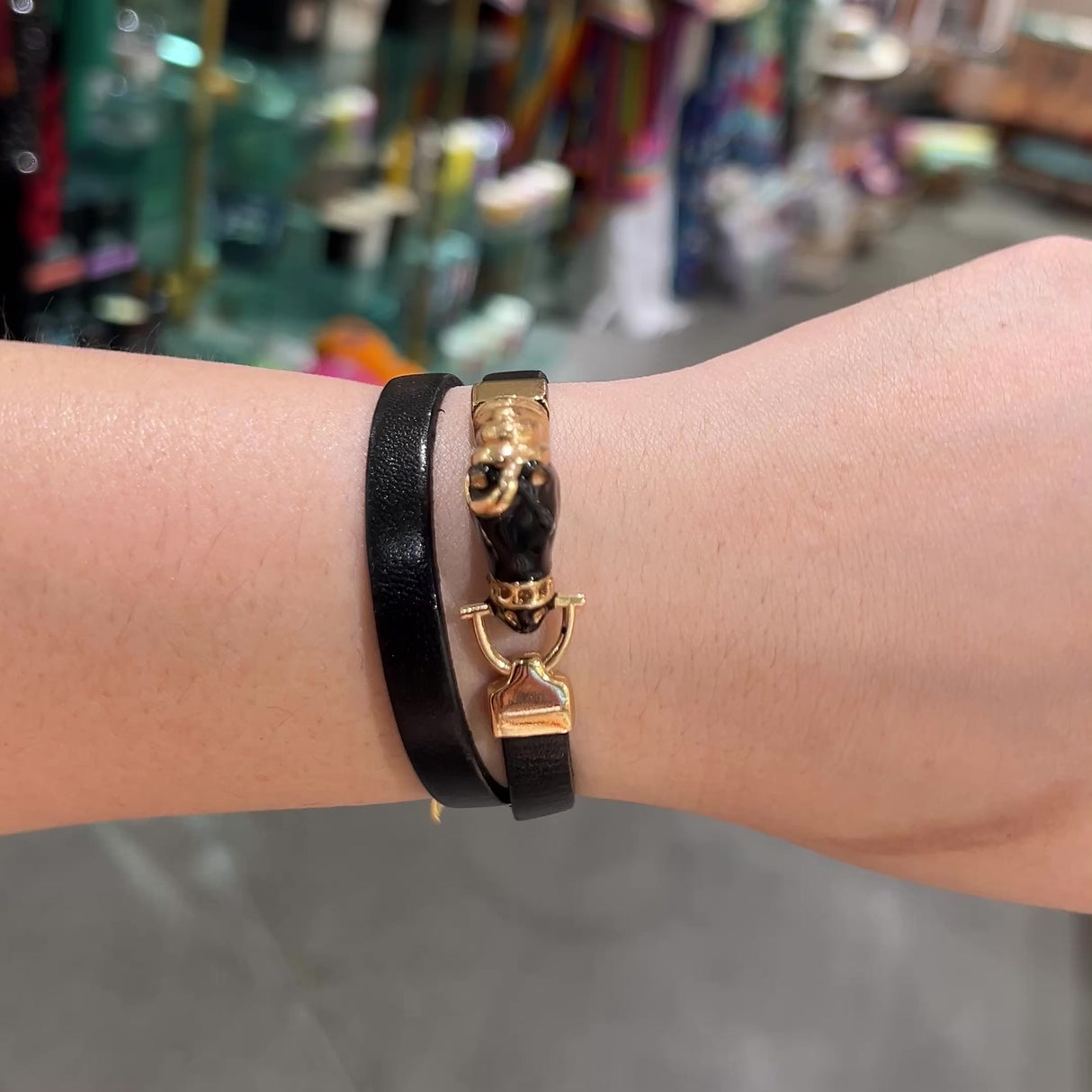 Polina Horse Charm Wrap-Around Black Leather Bracelet