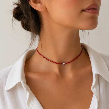 Woman wearing red tiny beaded evil eye choker necklace with navy and white evil eye bead, styled with a white collared shirt