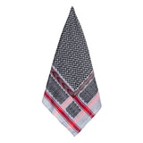 Full flat layout of SEP grey and black keffiyeh scarf showing woven fishnet pattern and red striped borders