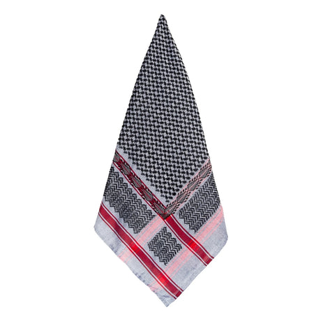 Full flat layout of SEP grey and black keffiyeh scarf showing woven fishnet pattern and red striped borders