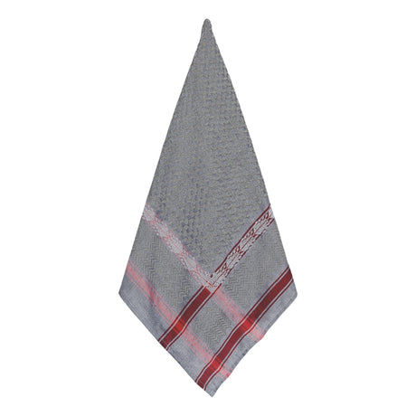 Full flat layout of SEP grey keffiyeh scarf showing red striped borders and hand-embroidered V-shape corner detailing