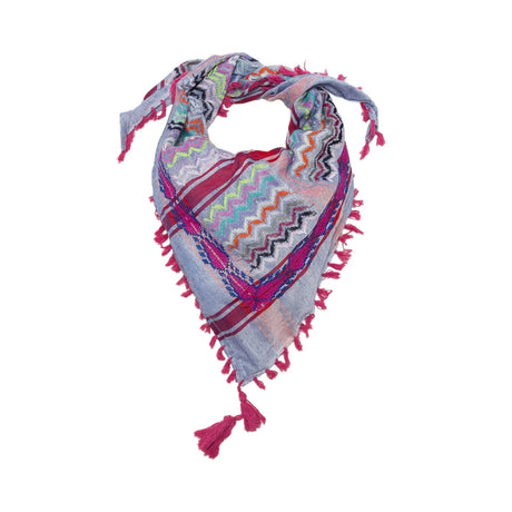 SEP triangular mini blue multicolor cotton keffiyeh featuring hand-embroidered Flame pattern and tassel trim