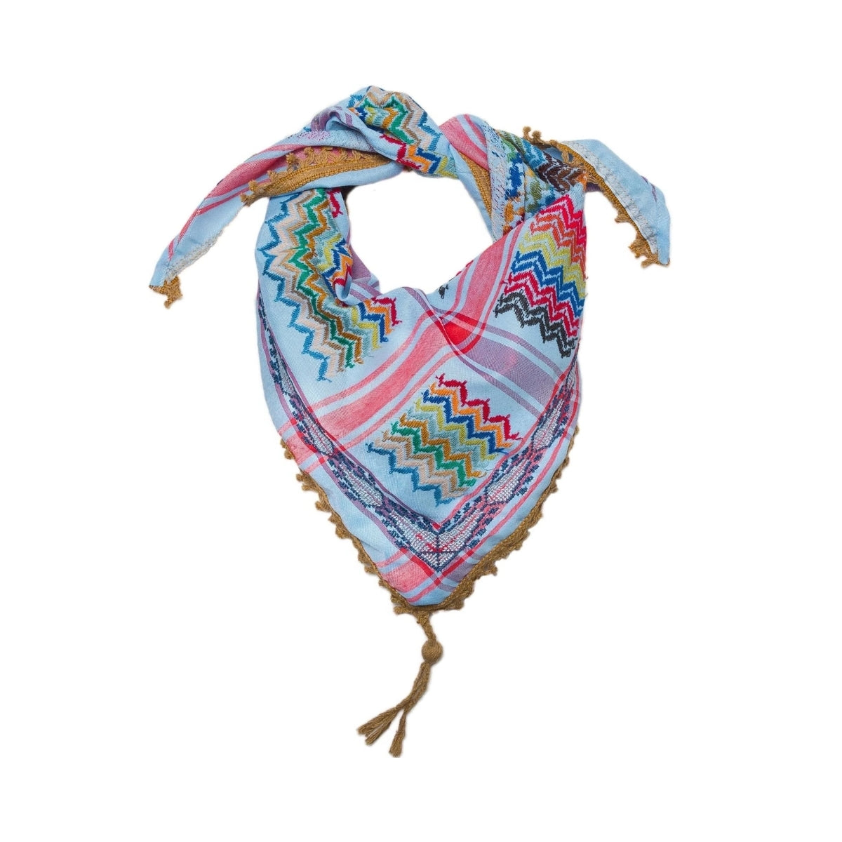 SEP triangular mini sky-blue multicolor keffiyeh scarf featuring colorful zigzag hand embroidery, tan fringe, and corner tassel