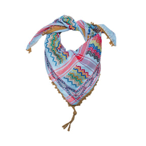 SEP triangular mini sky-blue multicolor keffiyeh scarf featuring colorful zigzag hand embroidery, tan fringe, and corner tassel