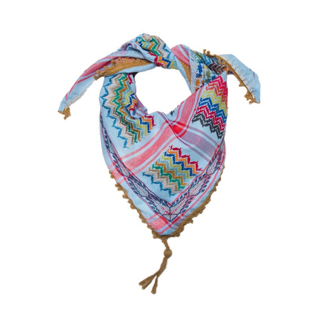 SEP triangular mini sky-blue multicolor keffiyeh scarf featuring colorful zigzag hand embroidery, tan fringe, and corner tassel
