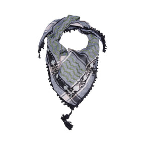 SEP triangular mini grey keffiyeh scarf featuring olive green accents, hand-embroidered Diamond pattern, black fringe, and corner tassel