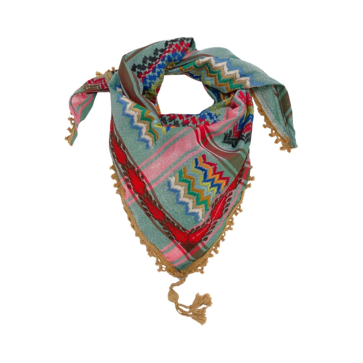 SEP triangular mini green multicolor keffiyeh scarf featuring colorful zigzag hand embroidery, tan fringe, and corner tassel