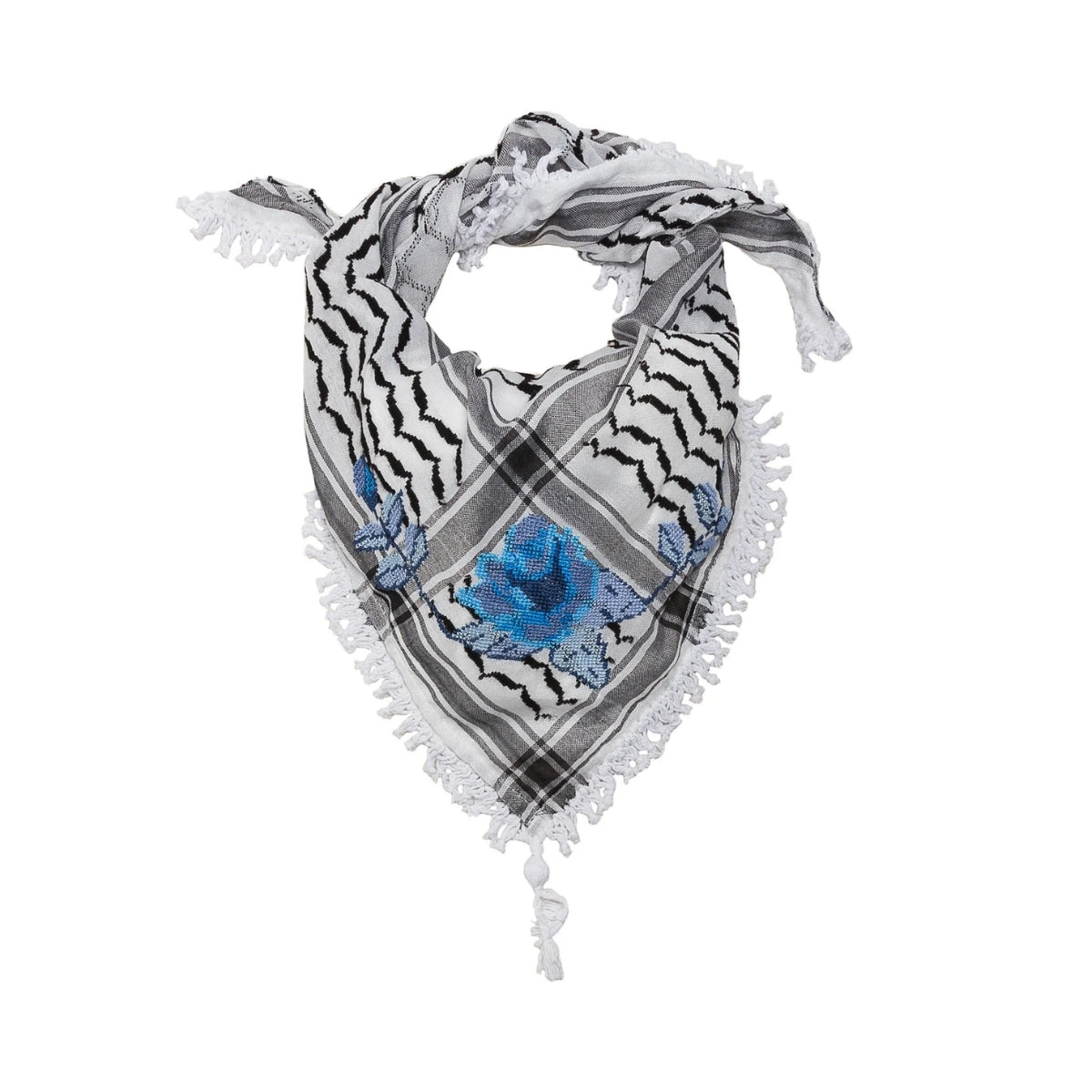 SEP triangular mini black and white keffiyeh scarf featuring a hand-embroidered blue rose, white fringe, and corner tassel