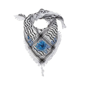 SEP triangular mini black and white keffiyeh scarf featuring a hand-embroidered blue rose, white fringe, and corner tassel