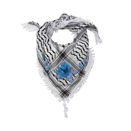SEP triangular mini black and white keffiyeh scarf featuring a hand-embroidered blue rose, white fringe, and corner tassel
