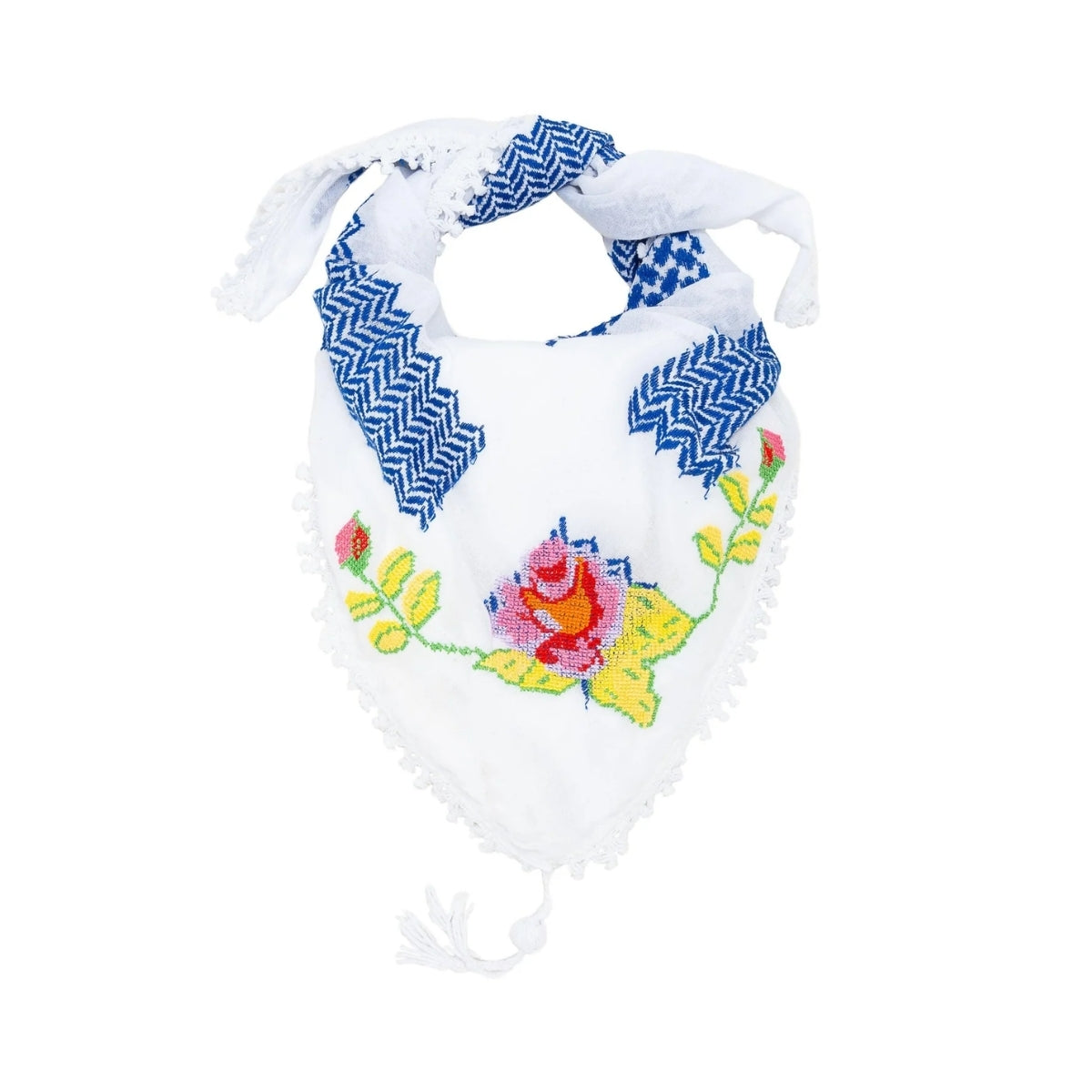 SEP triangular mini white and blue keffiyeh scarf featuring hand-embroidered pink rose with yellow leaves, white fringe, and corner tassel
