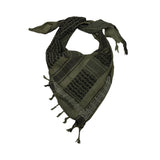 SEP triangular mini khaki green and black cotton keffiyeh scarf with hand-embroidered corner detail and tassel edge