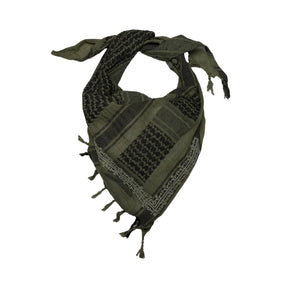 SEP triangular mini khaki green and black cotton keffiyeh scarf with hand-embroidered corner detail and tassel edge