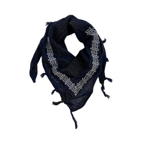 SEP triangular mini navy blue cotton keffiyeh featuring white hand-embroidered corner details and tassel fringe