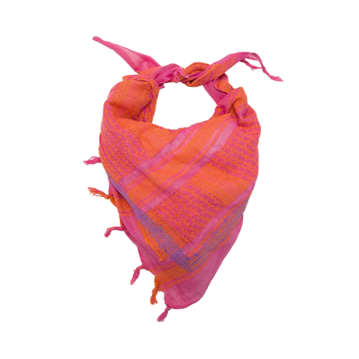 SEP triangular mini pink and orange cotton keffiyeh featuring hand-embroidered corner details and tassel fringe