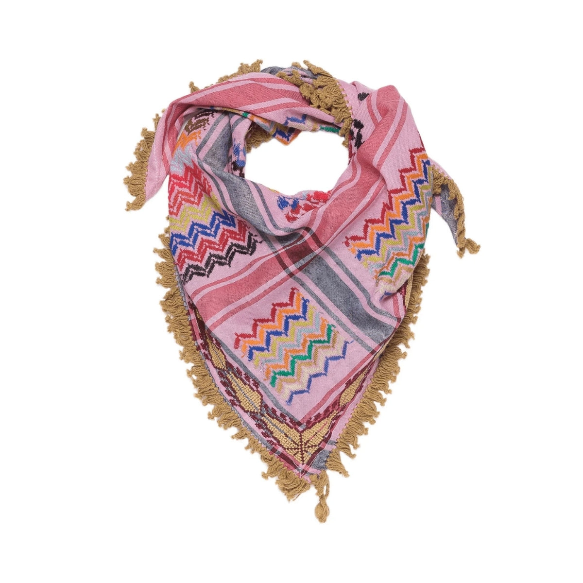 SEP triangular mini pink multicolor keffiyeh scarf featuring rainbow zigzag embroidery, tan fringe, and corner tassel