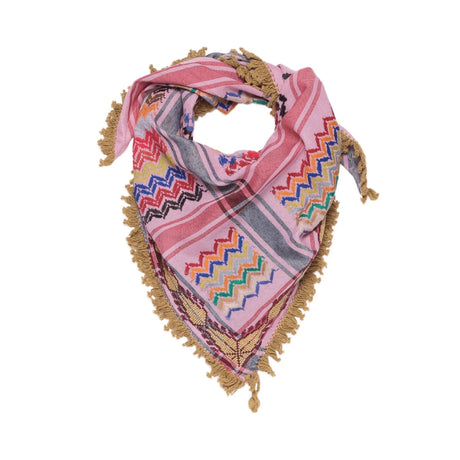 SEP triangular mini pink multicolor keffiyeh scarf featuring rainbow zigzag embroidery, tan fringe, and corner tassel