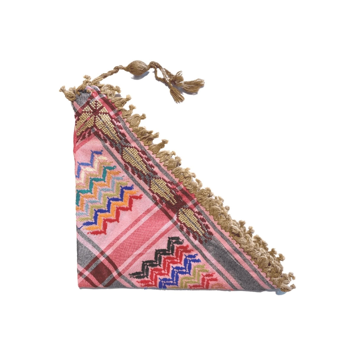 Folded view of SEP mini pink multicolor keffiyeh showcasing intricate hand embroidery and fringe detail