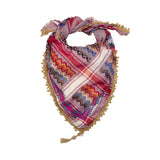 SEP triangular mini purple and multicolor keffiyeh scarf with hand-embroidered details, tan fringe trim, and corner tassel