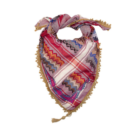 SEP triangular mini purple and multicolor keffiyeh scarf with hand-embroidered details, tan fringe trim, and corner tassel