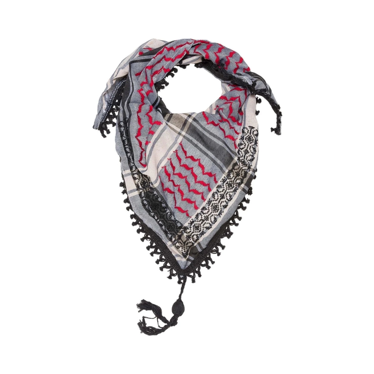 SEP triangular mini grey keffiyeh scarf with red hand-embroidered details, black fringe trim, and corner tassel