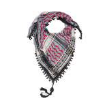SEP triangular mini grey keffiyeh scarf with red hand-embroidered details, black fringe trim, and corner tassel